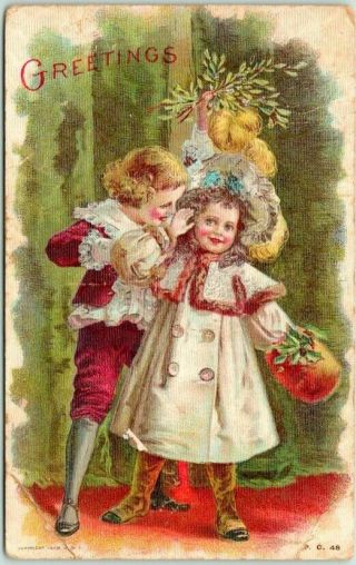 Vintage Christmas Greetings Postcard Boy Girl Kiss Mistletoe W/ 1909 Me Cancel