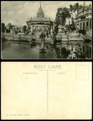India Old Real Photo Postcard Jain Temple Lake Calcutta Palm Trees Statues Steps