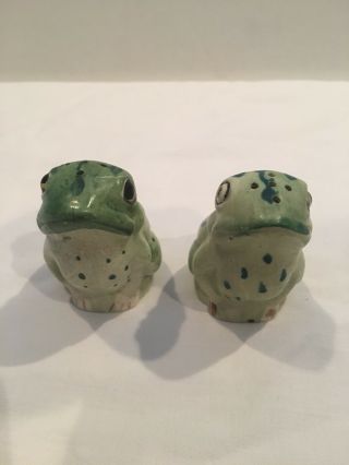 Vintage Japan Ceramic Green Frog Salt And Pepper Shakers With Cork