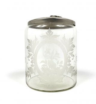Old Antique Victorian Etched Floral Glass Bottle Silver Lidded Jar
