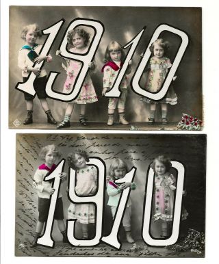 Set Of 2 Old Real Photo Postcards W/year 1910 Millesime.  Photomontage Children