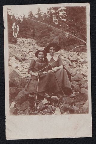 Old Antique Vintage Rppc Photograph Postcard Two Young Girls On Rocks With Canes
