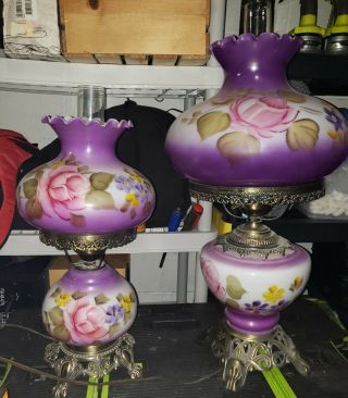 Hurricane Lamp Vintage Rare Purple Gone With The Wind Flowers Parlor Antique
