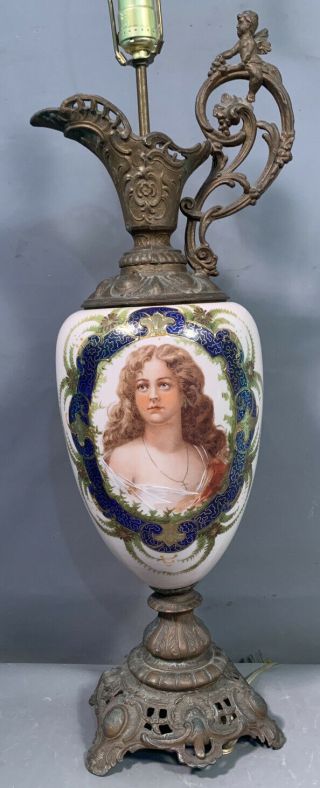 Lg Antique 19thc Victorian Era Lady Portrait Litho Painting On Glass Ewer Lamp