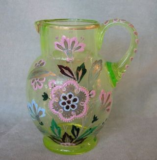 Rare Victorian Enameled Vaseline Art Glass Small Pitcher Hand Painted