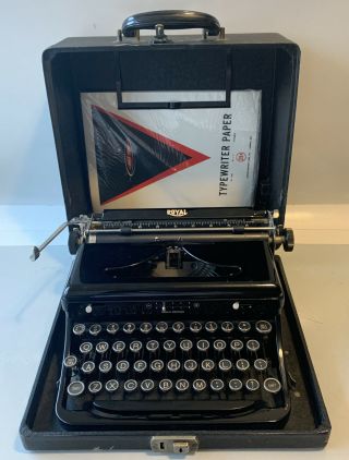 Vintage Royal Portable Typewriter Glossy Black Touch Control With Carrying Case.