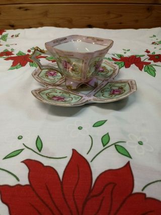 Vintage Royal Sealy China Japan Footed Pink Rose Pattern Teacup & Petal Saucer