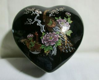 Black & Floral Porcelain Heart Trinket Box Cloisonné Style Hand Painted Japan