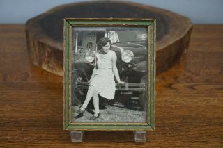 Antique Photograph Art Deco Lady Flapper Sitting Car W/ Frame 5 1/2 " X 4 1/2 "