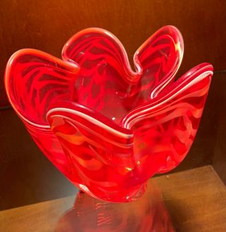 Murano Vintage Heavy Red And White Swirl Hand Blown Glass Vase