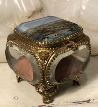 Antique French Beveled Glass Jewelry Casket Box W/ Eglomise Top 1893 Worlds Fair
