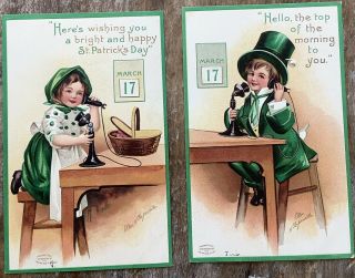 2 Clapsaddle Irish Phone St.  Patrick Vintage Postcards Boy Girl Top Hat