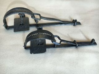 2 Antique 19th Century Hand Forged Traps 4 " And 5 " Jaws
