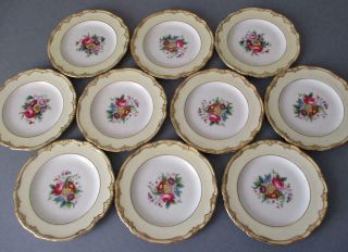 Set 10 Antique HP Porcelain Plates FLOWERS Creamy Yellow CRESCENT George Jones 2
