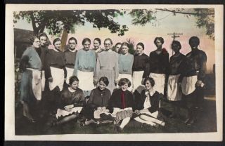 Tinted Pastel Sunset Sky & Jane Girls In Aprons 1910s Vintage Photo