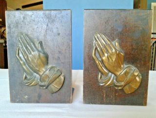 Vintage Praying Hands Bookends Wood & Metal