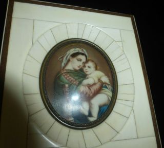 Antique Miniature Painting Mother & Child Bone Frame