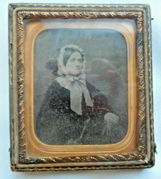 Tintype Leather Backed Metal Mounted Glass Framed Photo Of Lady In Cape C1880