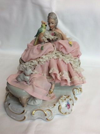 Dresden Lace Lady Woman With Dog Figurine And Bird.  By Höffner & Co.  Germany Pink