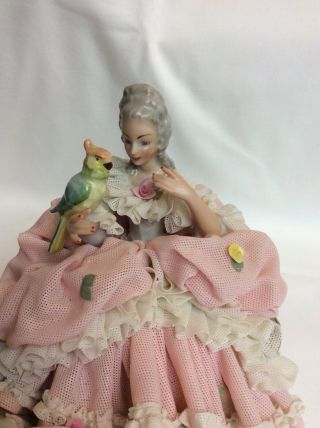 Dresden Lace Lady Woman with Dog Figurine and Bird.  by Höffner & Co.  Germany Pink 2