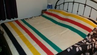 Vintage Hudson Bay 4 Point Wool Striped Blanket W/ Label England 70x90
