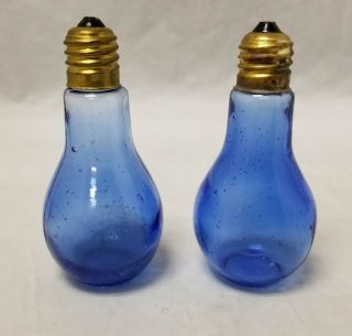 Vintage Cobalt Blue Light Bulbs Salt & Pepper Shaker Blown Glass,  3.  5 "