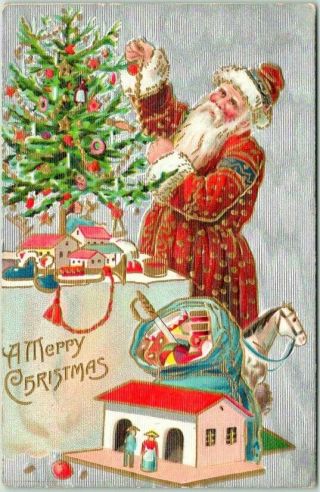 Vintage Christmas Postcard Santa Claus In Red Suit,  Decorating Xmas Tree C1910s