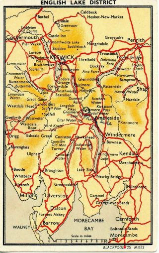 Old Postcard Embossed Map Of English Lake District