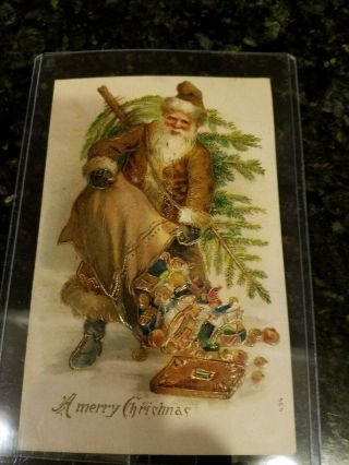 Vintage Christmas Postcard - Santa W/bag Toys & Tree,  Outlined In Gold