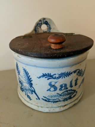 Vintage Antique Blue Wall Hanging Stoneware Salt Glazed Box W/ Wood Lid