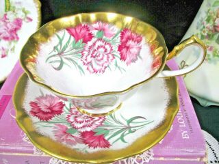 Queen Anne Tea Cup And Saucer Wide Mouth Pink Carnation Pattern Teacup Avon Gold