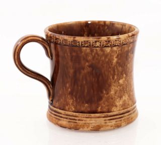 19c.  Spattered Brown Flint Enamel Yellow Ware Mug,  Bennington Style [11792]