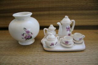 Vintage Lefton Porcelain Miniature 10 Piece Tea Set Purple Violet Pattern 00617