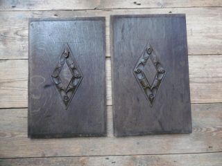 Pr 17thc Oak Carved Panels With Diamond Lozenge Design To Centre