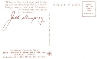 VIntage Postcard - Jack Dempsey ' s Broadway Bar & Cocktail Lounge,  York City,  NY 2