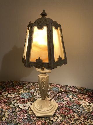 Vintage Slag Glass Vanity Lamp Cast Iron 13” Tall 6 Sided