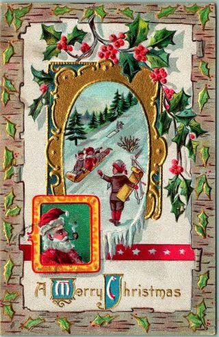 Vintage Christmas Postcard Santa Claus Smoking Pipe / Snow Sledding Scene 1912