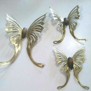 Vintage Brass And Wood Butterflies Wall Decor - Set Of 3