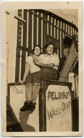 Young Women Friends Hugging Wall Of Death Carnival Sign Vintage Snapshot Photo