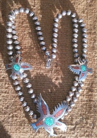 Vintage Navajo Sterling Silver Bench Bead Coral Turquoise Inlay Eagle Necklace