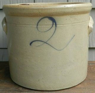 Stoneware Handled Crock With Stylized Cobalt Decorated Number 2.