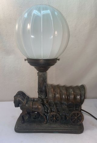 Vtg 1930 - 40’s Brass/bronze? Covered Chuck Wagon Western Decor Tv Table Lamp