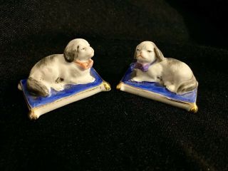 Pair Antique Staffordshire Or Chelsea Hand Painted Miniature Porcelain Dogs