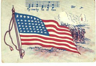 Old Postcard My Country Tis Of Thee Song Music Flag Soldiers 1917 48 Stars