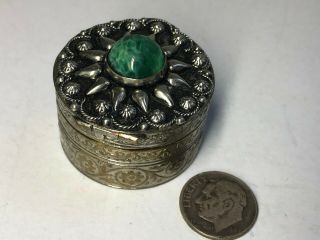 Vintage Silver Tone Pill /trinket Box W/ornate Green Stone Design Made In Italy