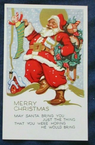 Colorful Santa Claus With Stocking Toys Vintage Christmas Postcard - - C363