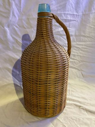 Vintage Wicker Covered Wine Or Spirits Glass Bottle 14” Tall Blue Glass W Handle