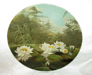 Antique Victorian Hand Painted Paper Mache Plate Water Lilies Scene