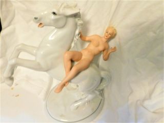 1900s German Porcelain Figure Nude On White Horse - Schaubach Kunst Rare Arm Out