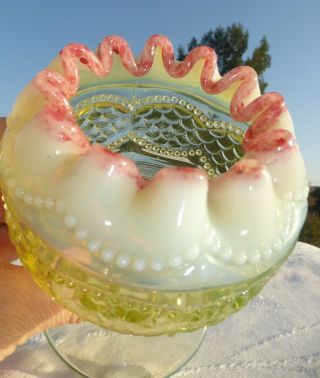 Victorian Vintage Footed Ball Rose Vase Vaseline Opalescent Eapg Pink Edge